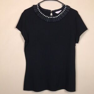 Ted Baker London Women’s Ruffle Faux Pearl Collar Black Short Sleeve Blouse